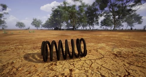 Worm Like Object Lies on Dry Ground in Arid Landscape with Sparse Vegetation