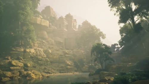 Serene Secluded Valley with Reflective Waters and Gentle Misty Atmosphere