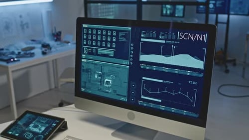 Dateninformationen des Mikrochips auf dem Computerdesktop in der Elektronikwerkstatt