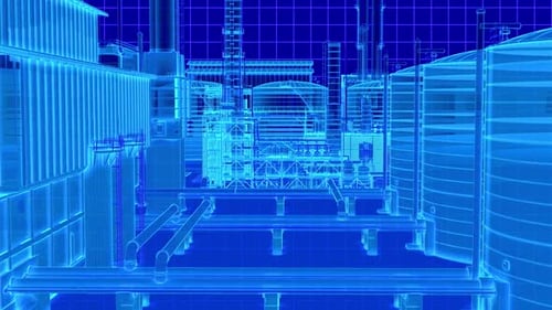 Blueprints of a modern industrial facility with complex piping systems