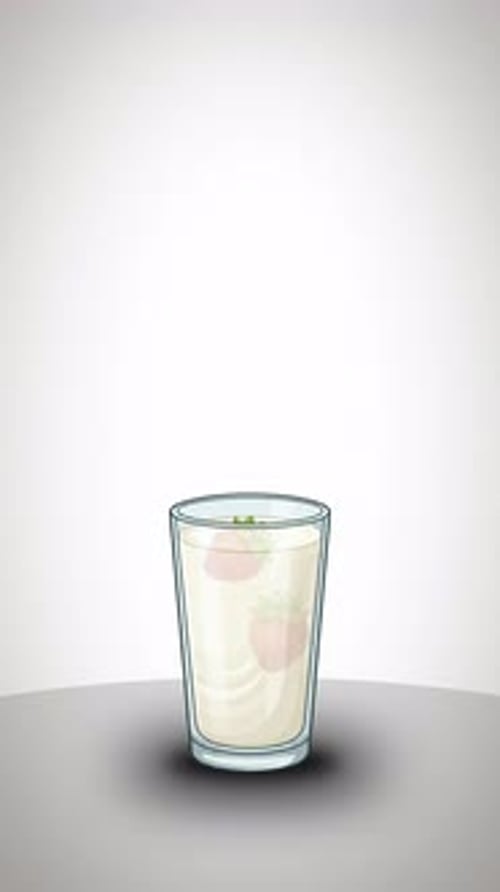 Strawberry falling into milkshake glass animation, vector motion graphics background,