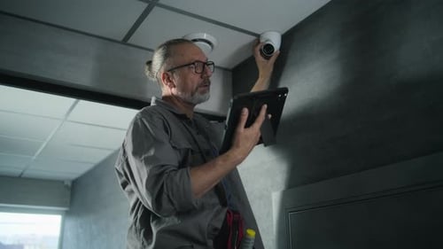 Male Installer Adjusts the Angle of CCTV Camera in Office Uses Tablet Computer