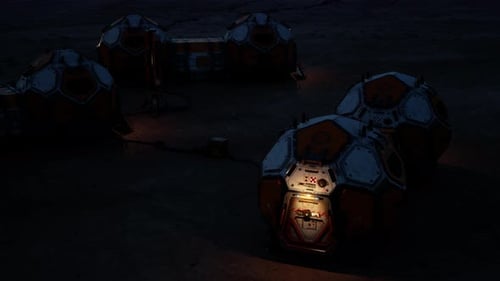 Exploring a Mars Colony Base at Night with Illuminated Modules and Equipment
