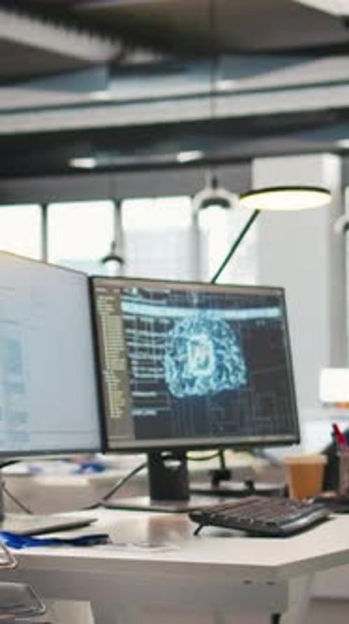 Pantalla de PC de vídeo vertical en el escritorio de la oficina de inicio que muestra el Código de Inteligencia Artificial