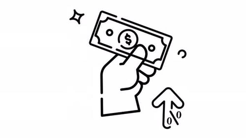 Animated Made in uk hand holding a dollar bill points upwards.