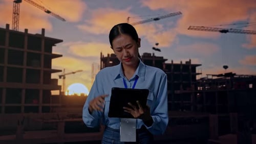 Asian Female Professional Worker Use Tablet And Headache At Building Site