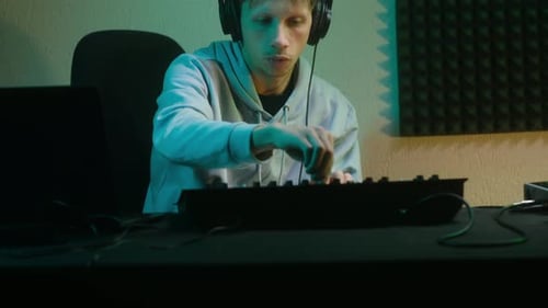 Man Making Music with Keyboard in Recording Studio
