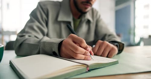 Man, hands and writing in office with diary for journalism investigation