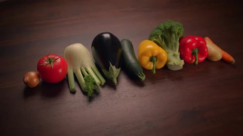 Fresh Vegetables Lined Up on Wooden Table