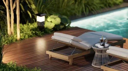 Exterior design details, close-up shot, two sun loungers by the pool.