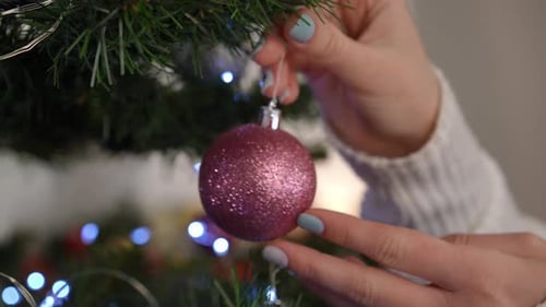 Pink Christmas Bauble Hanging on Tree