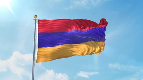 Realistic Armenian Flag Waving on Flagpole with Blue Sky