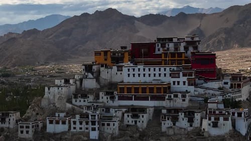 aerial drone shot, close up of thikshey monastery in ladakh.