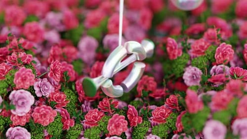 3D Rendering Loop of Hanging Objects Swinging Through Ring Above Flowers