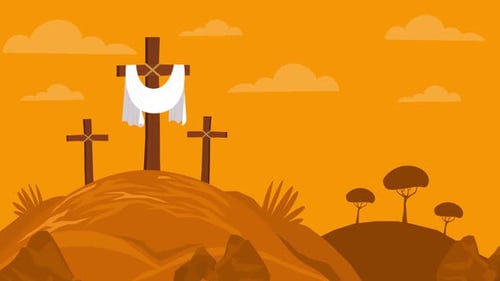 Animated Flat Design Easter Scene with Three Crosses on a Hill