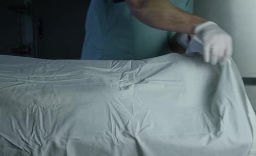 Area 51 Alien Autopsy - doctor revealing visitor head under sheet on gurney