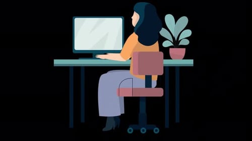 Businesswoman Sitting At Desk Working On Laptop Cartoon Animation 4K On Alpha Channel