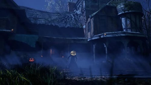 Animated Spooky Halloween Scene with Pumpkin Man