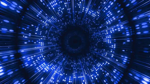 Futuristic Digital Tunnel Fly-Through with Glowing Blue Dots