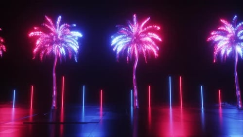 Seamless Loop of Neon Palm Trees and Glowing Cyberpunk Landscape