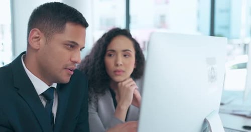 Ideas, training and coworking, man and woman at computer working on project proposal together