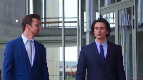 Confident Business Men Talking in Front of Modern Office Building Businessman and His Colleague