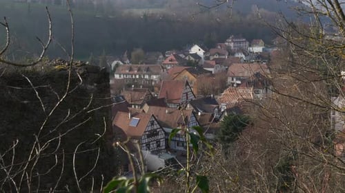 Scenic view of medieval french village of Kaysersberg with half-timbered architectural houses.
