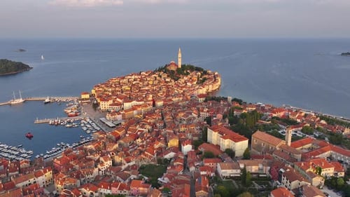 Rovinj Old Town Peninsula Aerial View at Sunrise Church of Saint Euphemia