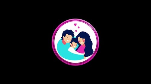 Animated Family Hug Illustration in Rotating 3D Circle Frame