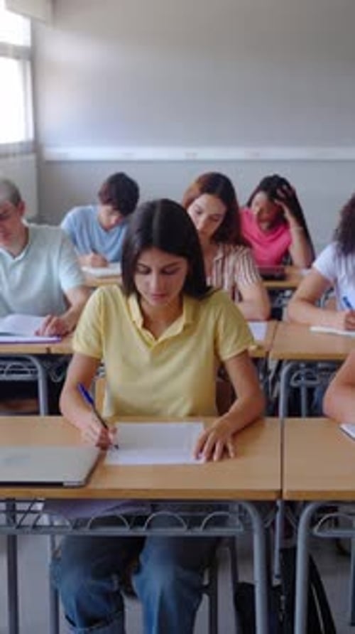 Front View of a Group of Multiracial Students Working Together in a Classroom