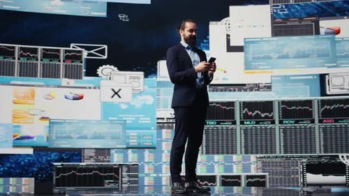 Man Uses Smartphone in Futuristic Data Environment
