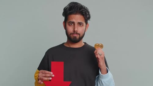 Upset Man Showing Red Arrow Pointing Down Fall of Cryptocurrency Stock Market Mining Bitcoins BTC