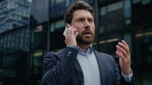 Caucasian Man Businessman Male Talking Mobile Phone Downtown Outdoors in City Formal Suit Business