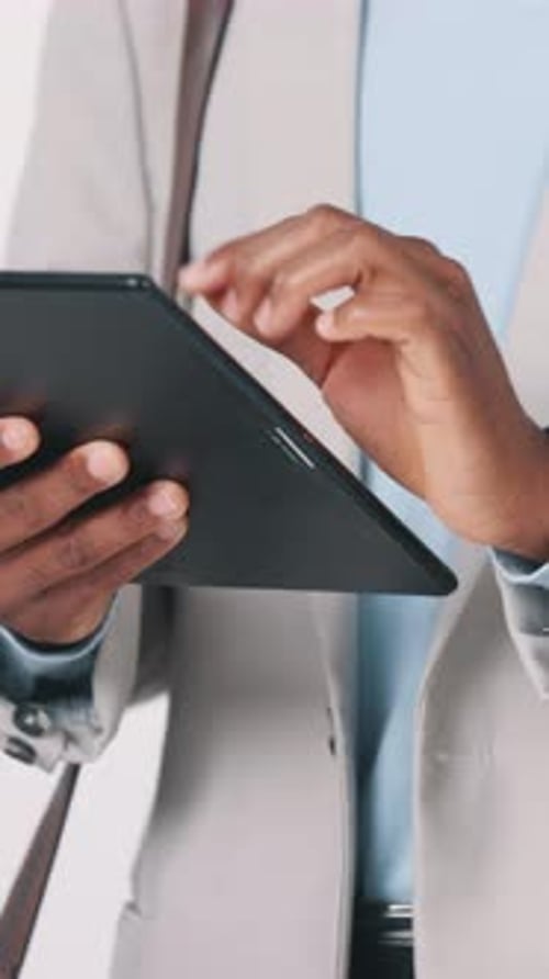 Hands, scroll and employee with tablet in studio, online or research for property listing