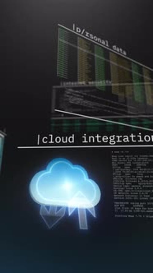Vertical cybersecurity background featuring code interface and digital data streams