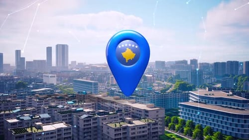 Kosovo Flag Pin Location On Top Of The City Environment