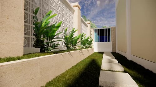 Modern house pathway with green plants