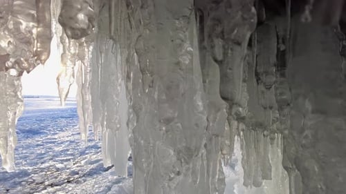 Icicles in Cave on Baikal Lake