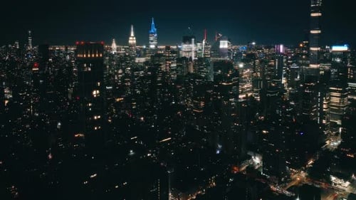 Big Apple Cityscape at Night Drone Shot New York City Night Downtown Skyline