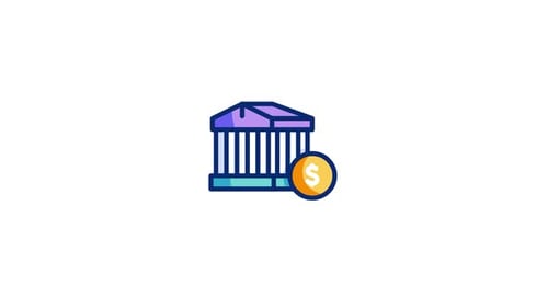 Animated Flat Design Bank Building and Dollar Coin Icon