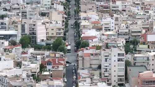 aerial Athens city centre ,urban footage of concrete buildings and horizontal road