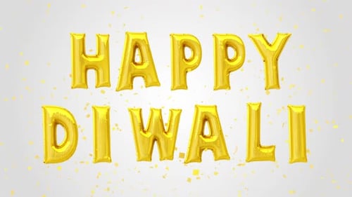 Happy Diwali Golden Foil Balloons Text Decoration Glitter Confetti on Trendy Background