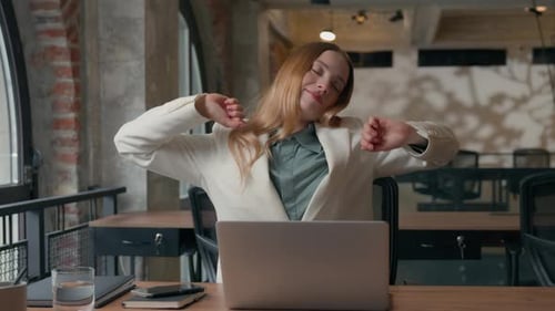 Smiling Happy Relaxed Caucasian Businesswoman Girl Female Business Woman Finished Laptop Typing