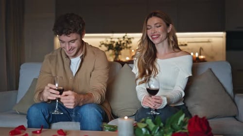 Smiling Pair Spending Evening in Romantic Home Atmosphere Shying Two People