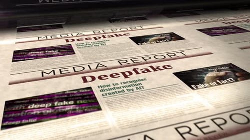 Deepfake Media Report Newspaper Printing with Glitch Effect