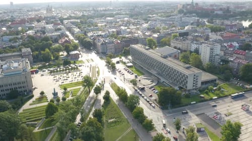 Aerial shot over residential and office buildings in Krakow Roofs, Cracow in Poland on a sunny day.