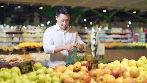 young asian man chooses and picks in eco bag apple fruit or vegetables in the supermarket. male