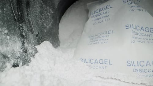 White Powder in a Large Jar, View from Inside. Sports Nutrition. Silica Gel Not for Food. Dolly.