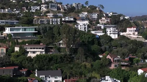 Hollywood Hills, Los Angeles USA, Establishing Drone Shot of Rich Neighborhood, Mansions and Homes