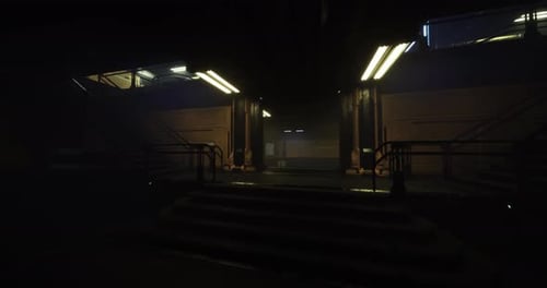 Quiet Entrance of an Industrial Building Shrouded in Darkness at Night